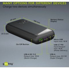 Goobay snabbladdande PowerBank batteri på 20.000mAh med USB-C™ PD, QC 3.0